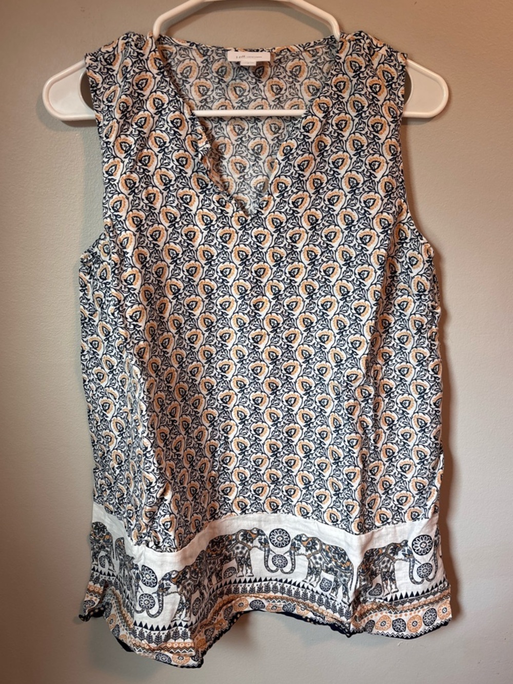 J. Jill Love Line Blue and Cream elephant Sleeveless Tunic Blouse